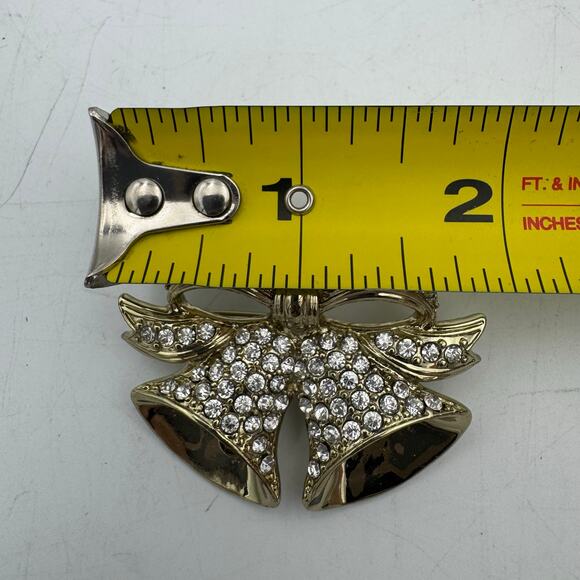 Gold Rhinestone Bell Bow Brooch Holiday Christmas Pin Vintage Statement Jewelry - Picture 4 of 4